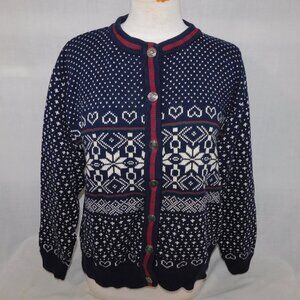 VTG 90s Willow Ridge Womens L Blue White Fair Isle Snowflake  Cardigan Sweater